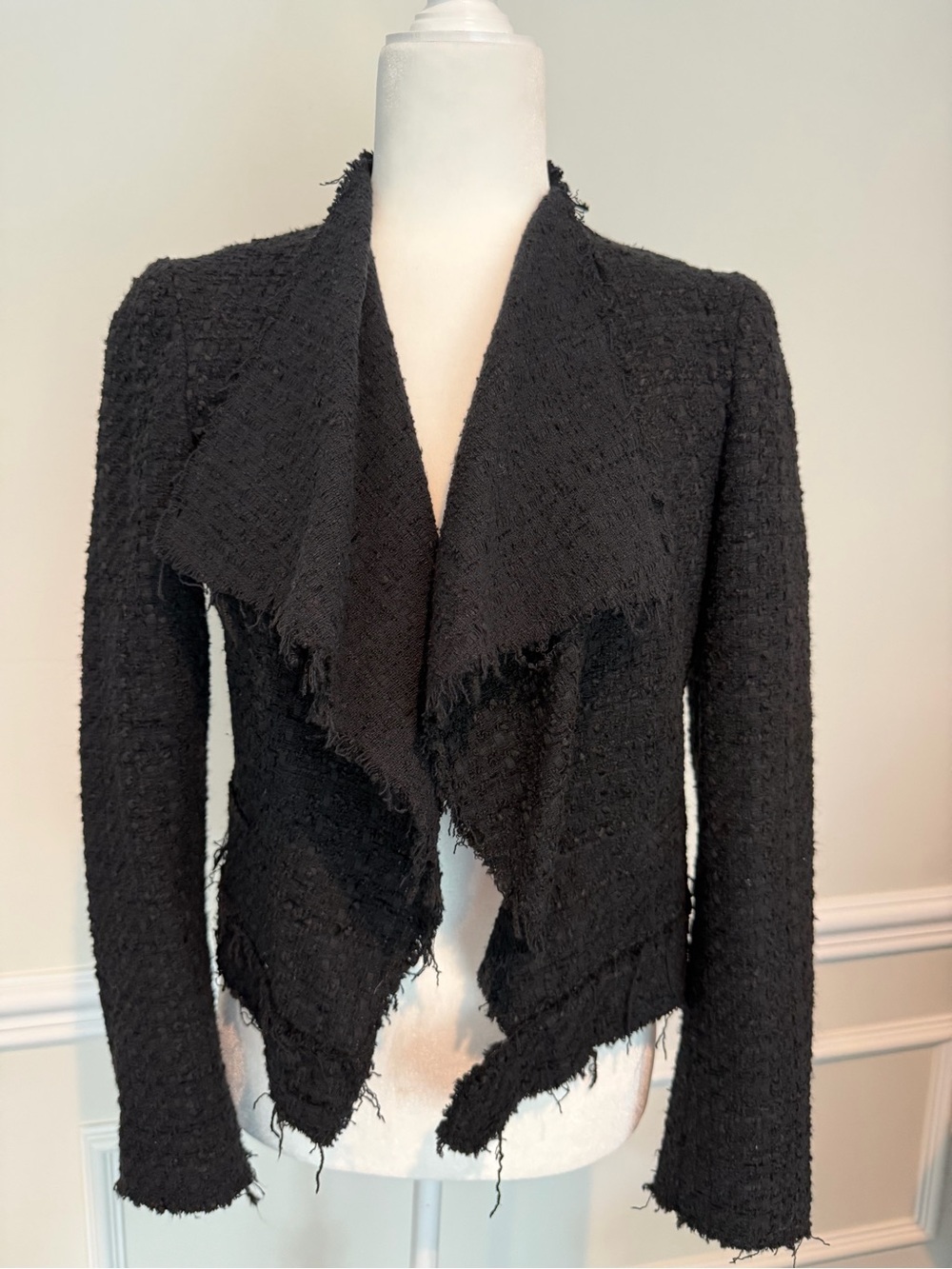 Zara Black Frayed Open-Front Knit Cardigan
